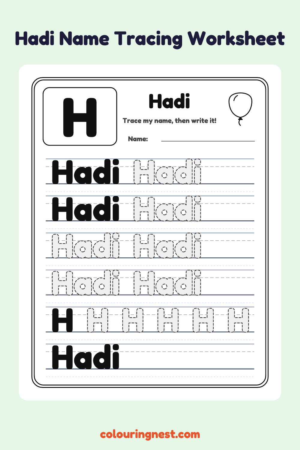 Hadi Name Tracing Worksheet: free printable black-and-white line art