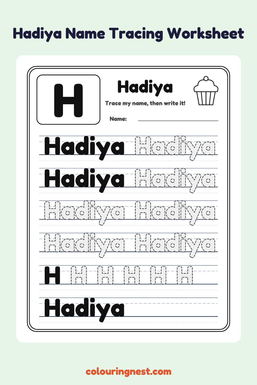 Hadiya Name Tracing Worksheet: free printable black-and-white line art