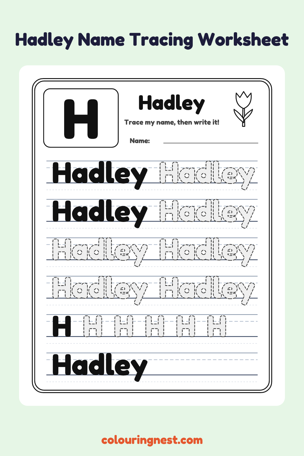 Hadley Name Tracing Worksheet: free printable black-and-white line art