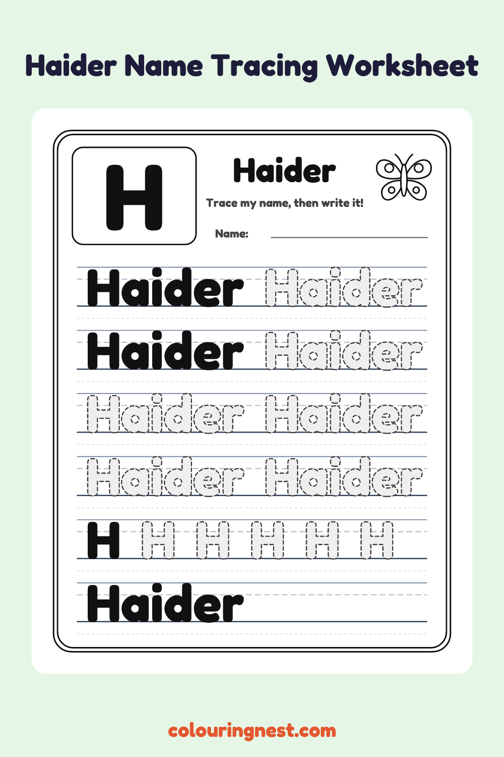 Haider Name Tracing Worksheet: free printable black-and-white line art