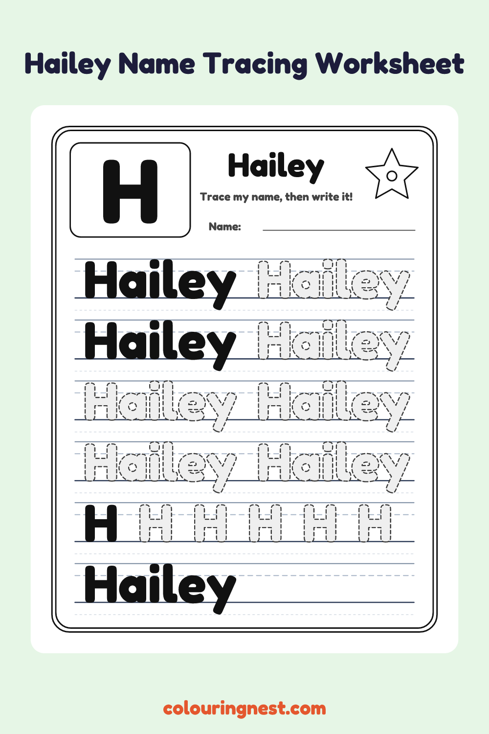 Hailey Name Tracing Worksheet: free printable black-and-white line art