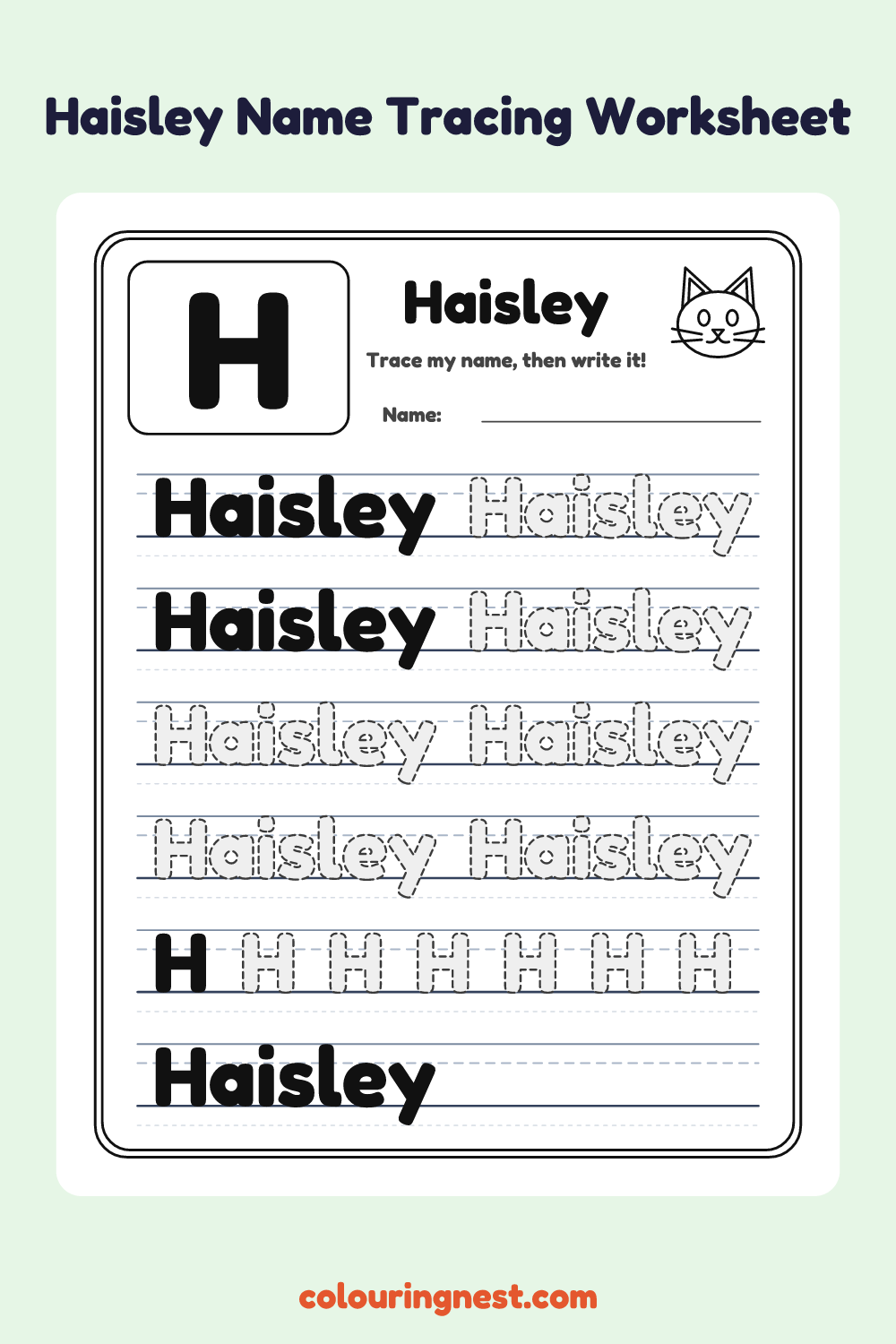 Haisley Name Tracing Worksheet: free printable black-and-white line art