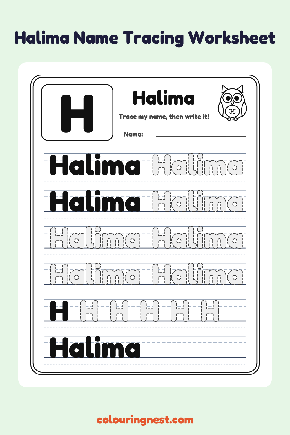 Halima Name Tracing Worksheet: free printable black-and-white line art