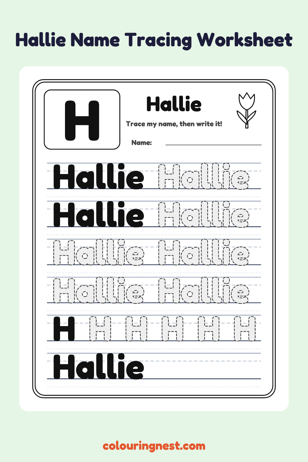 Hallie Name Tracing Worksheet: free printable black-and-white line art