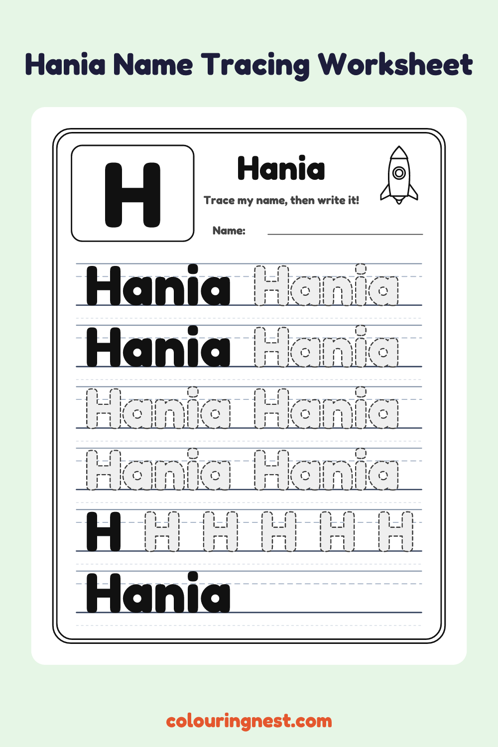 Hania Name Tracing Worksheet: free printable black-and-white line art