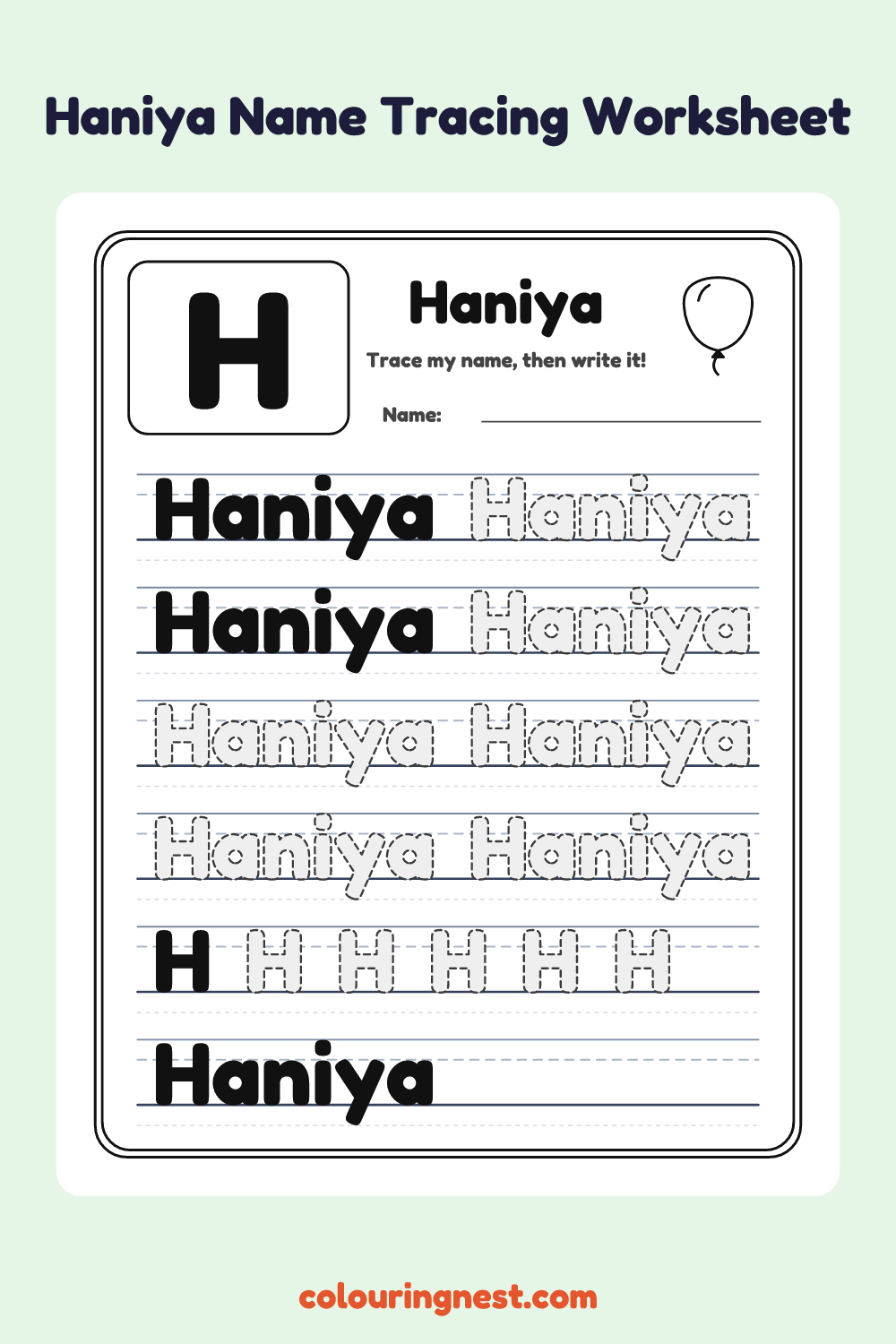 Haniya Name Tracing Worksheet: free printable black-and-white line art