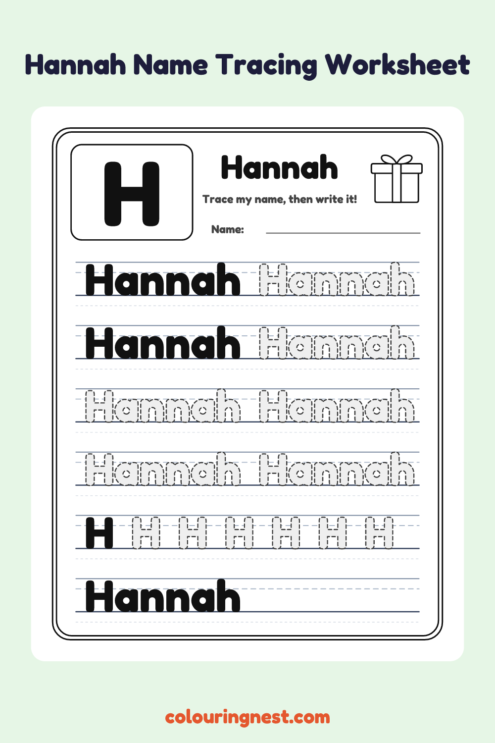 Hannah Name Tracing Worksheet: free printable black-and-white line art