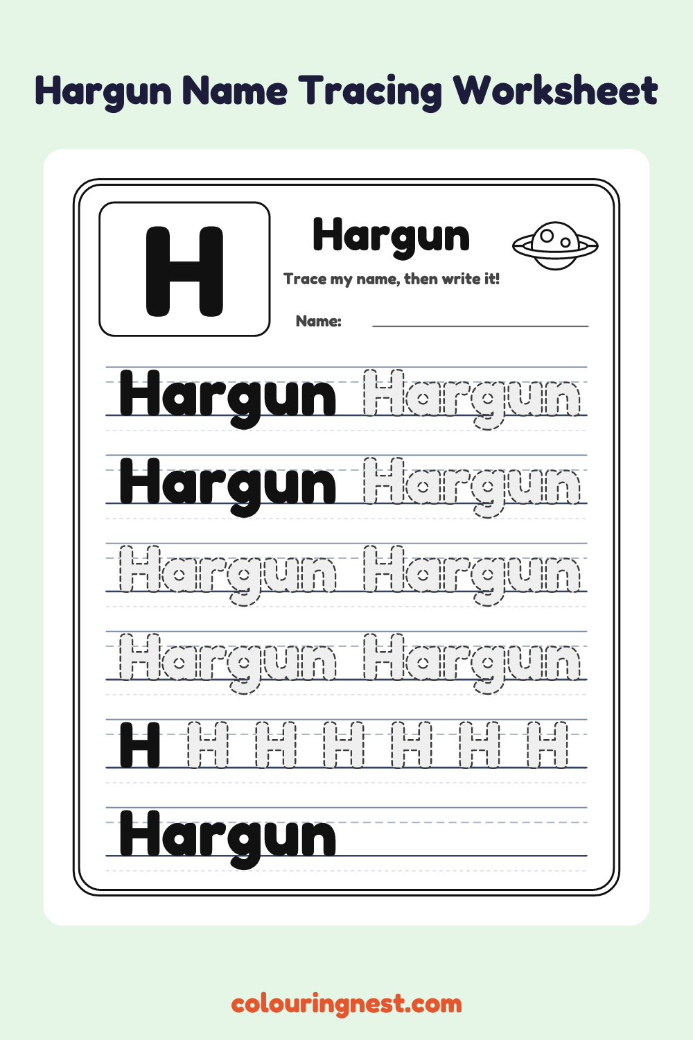 Hargun Name Tracing Worksheet: free printable black-and-white line art