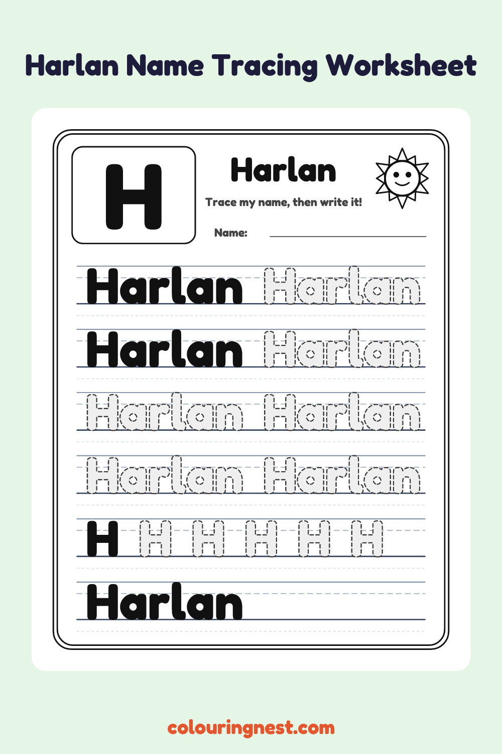 Harlan Name Tracing Worksheet: free printable black-and-white line art