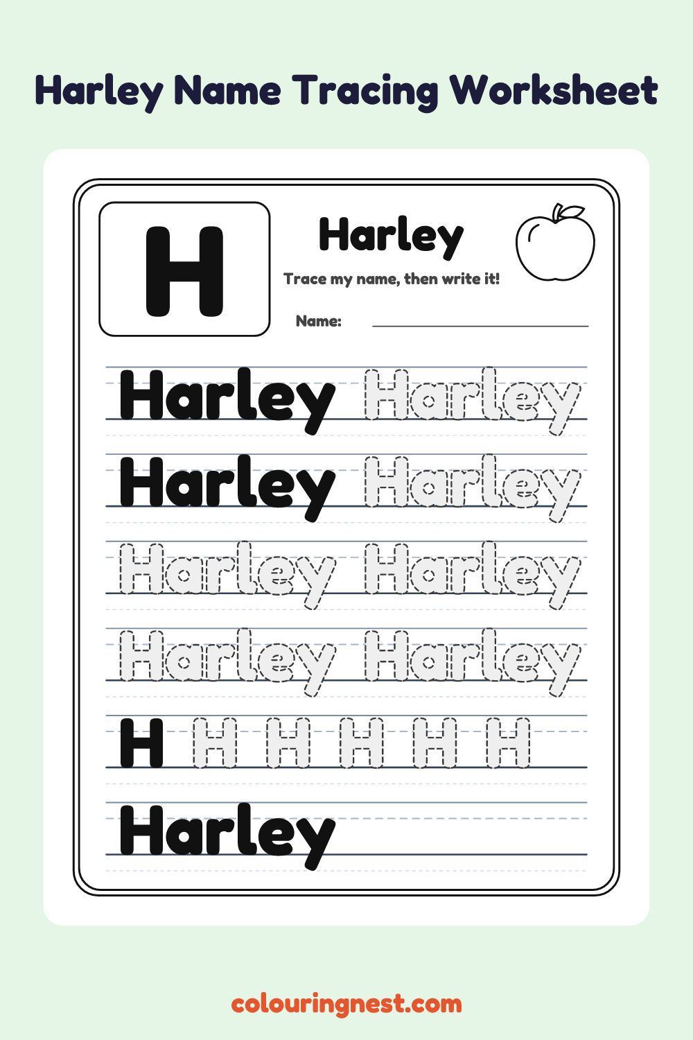 Harley Name Tracing Worksheet: free printable black-and-white line art