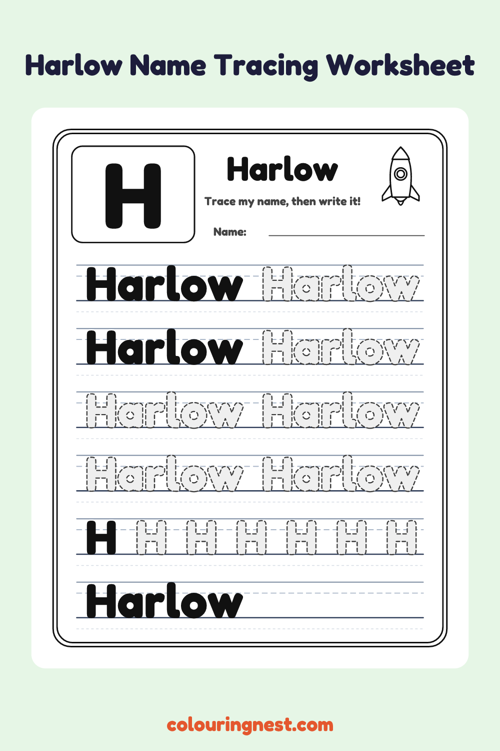 Harlow Name Tracing Worksheet: free printable black-and-white line art