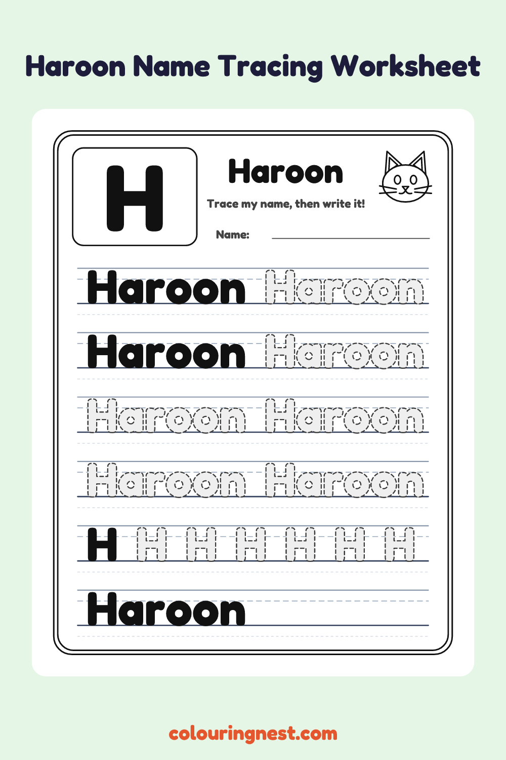 Haroon Name Tracing Worksheet: free printable black-and-white line art