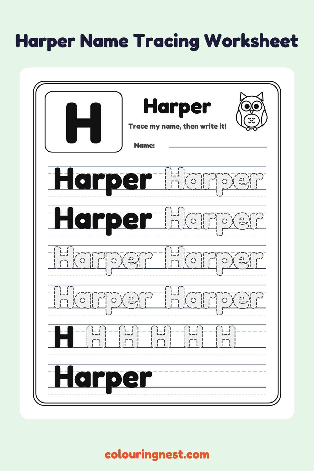 Harper Name Tracing Worksheet: free printable black-and-white line art