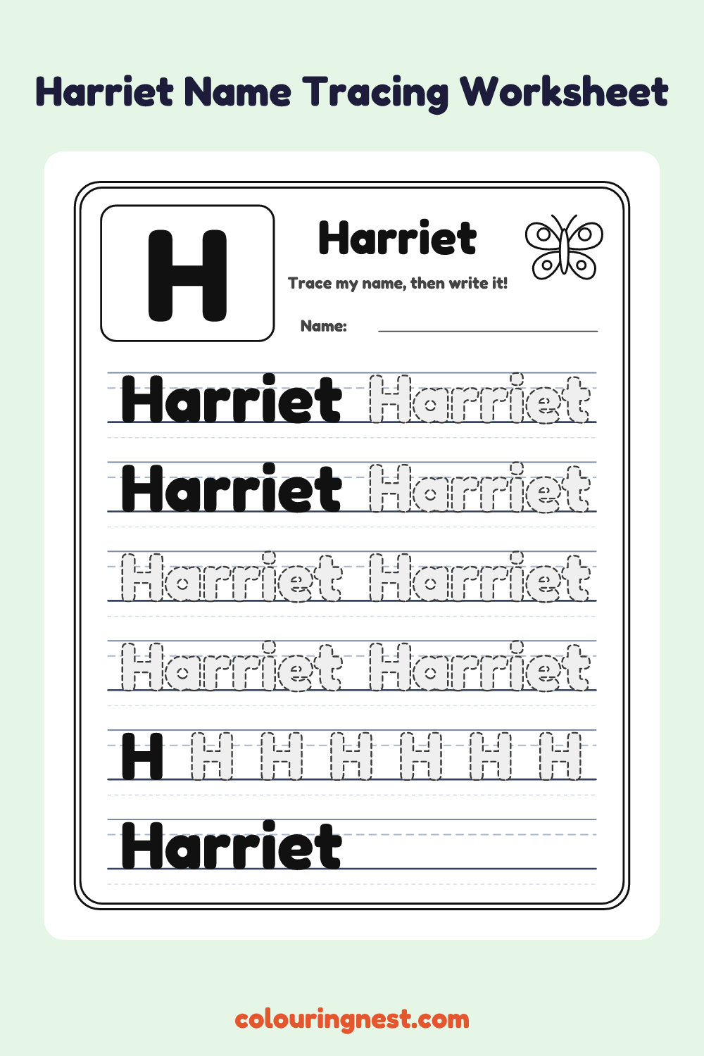 Harriet Name Tracing Worksheet: free printable black-and-white line art