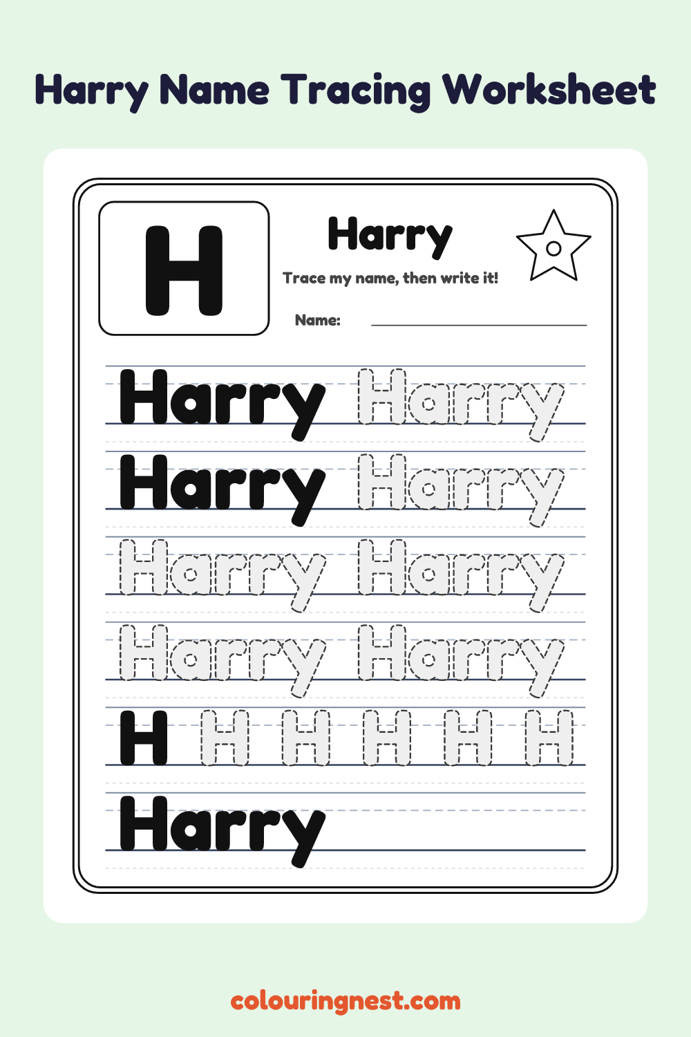 Harry Name Tracing Worksheet: free printable black-and-white line art