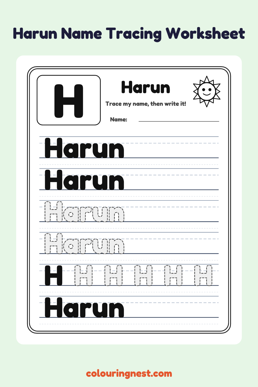 Harun Name Tracing Worksheet: free printable black-and-white line art