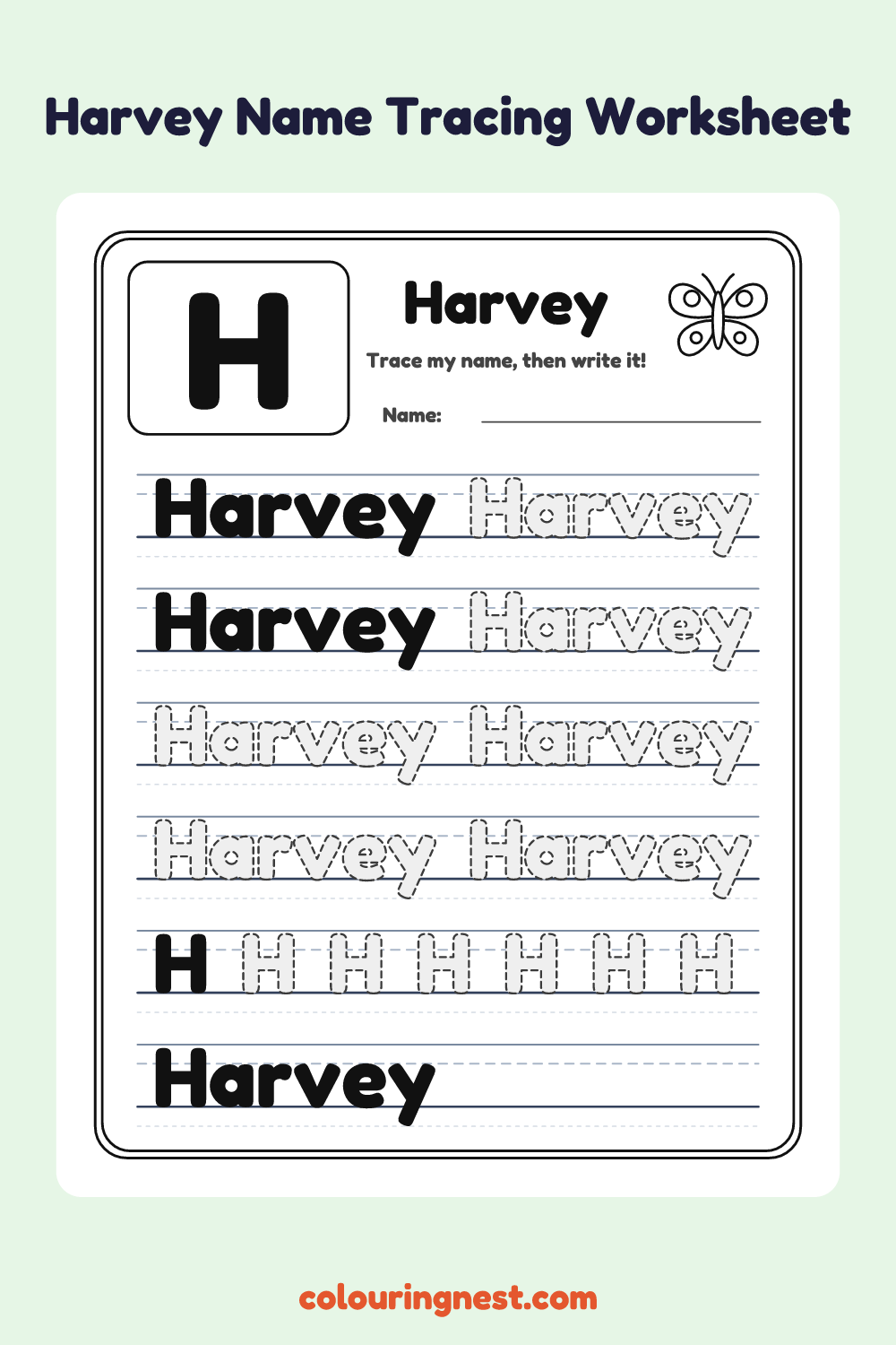 Harvey Name Tracing Worksheet: free printable black-and-white line art