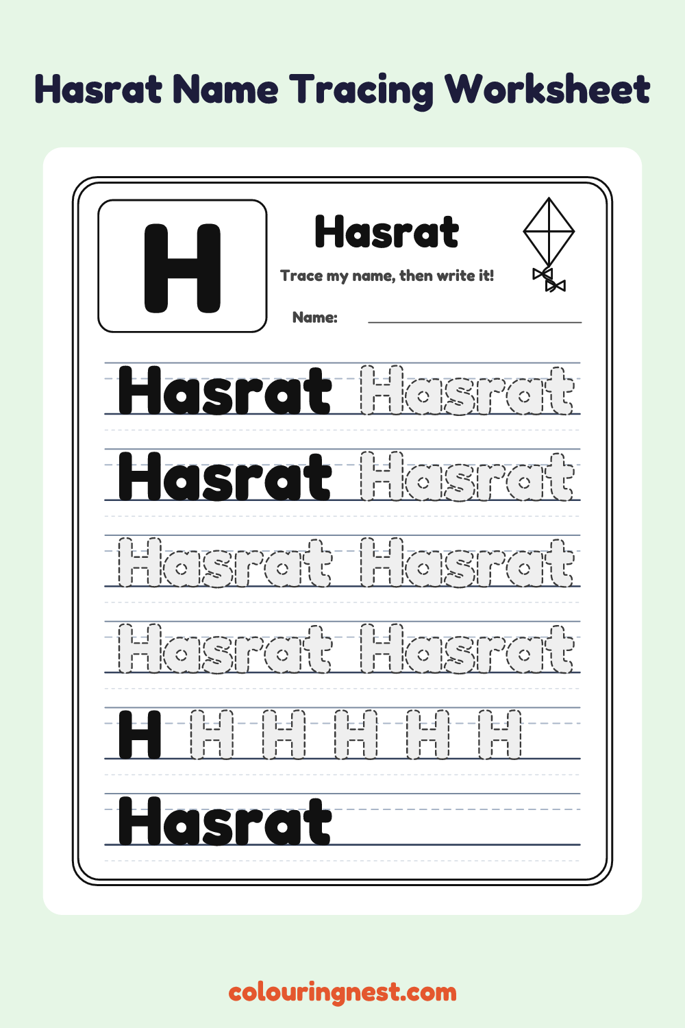 Hasrat Name Tracing Worksheet: free printable black-and-white line art