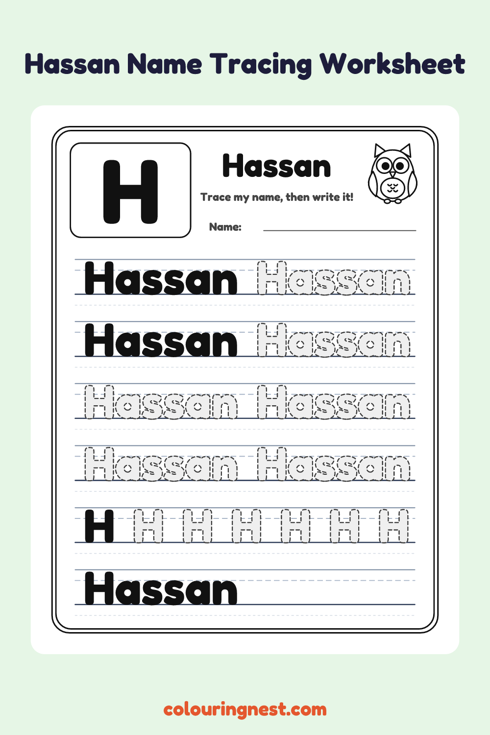 Hassan Name Tracing Worksheet: free printable black-and-white line art