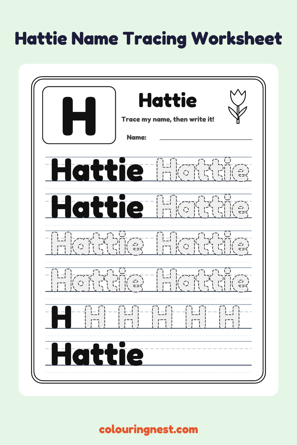 Hattie Name Tracing Worksheet: free printable black-and-white line art
