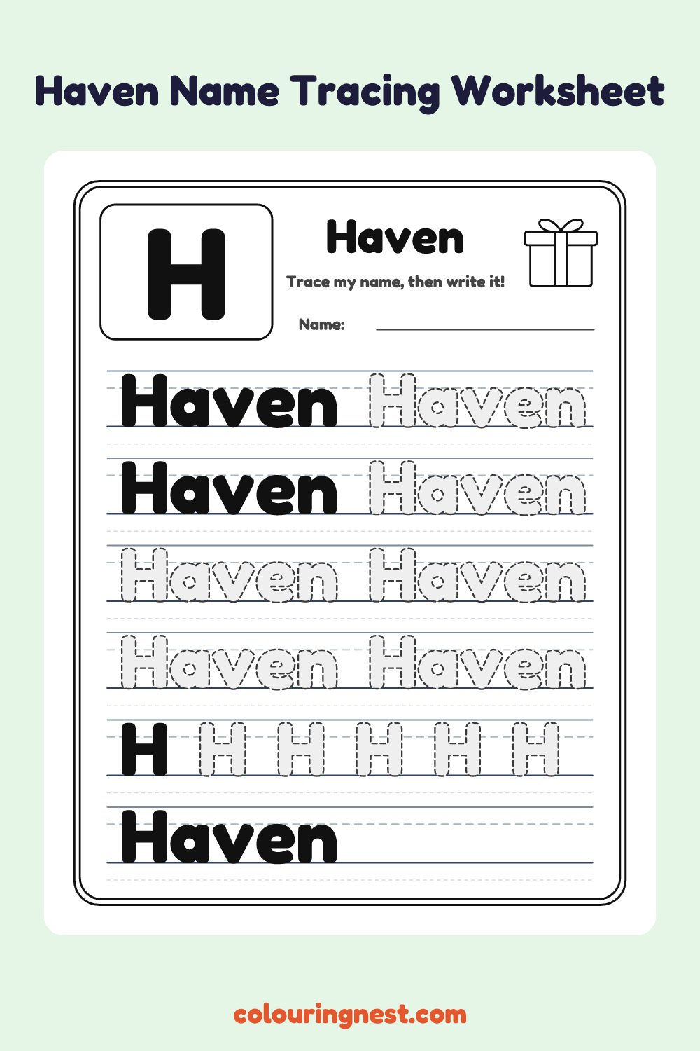 Haven Name Tracing Worksheet: free printable black-and-white line art