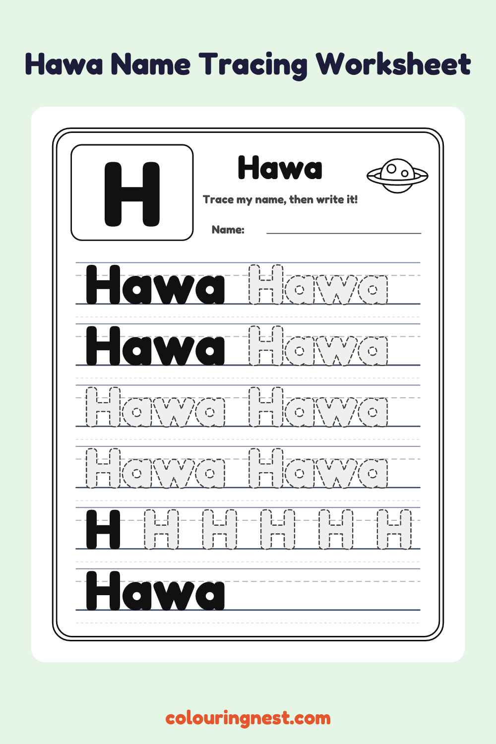 Hawa Name Tracing Worksheet: free printable black-and-white line art