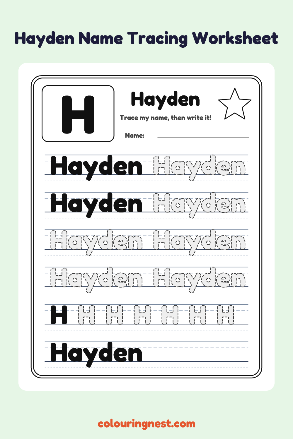 Hayden Name Tracing Worksheet: free printable black-and-white line art