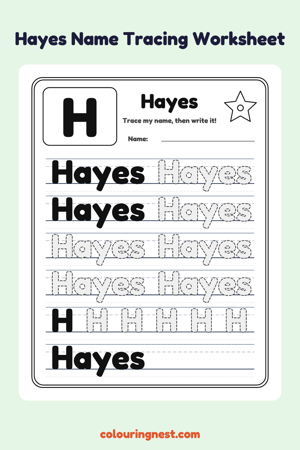 Hayes Name Tracing Worksheet: free printable black-and-white line art