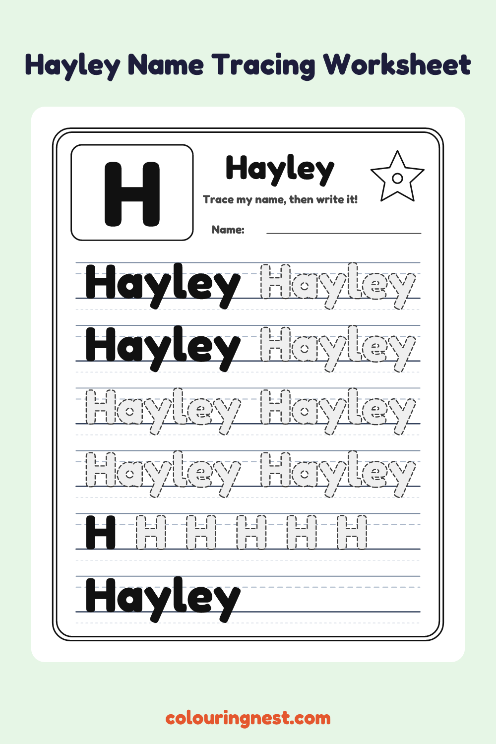 Hayley Name Tracing Worksheet: free printable black-and-white line art