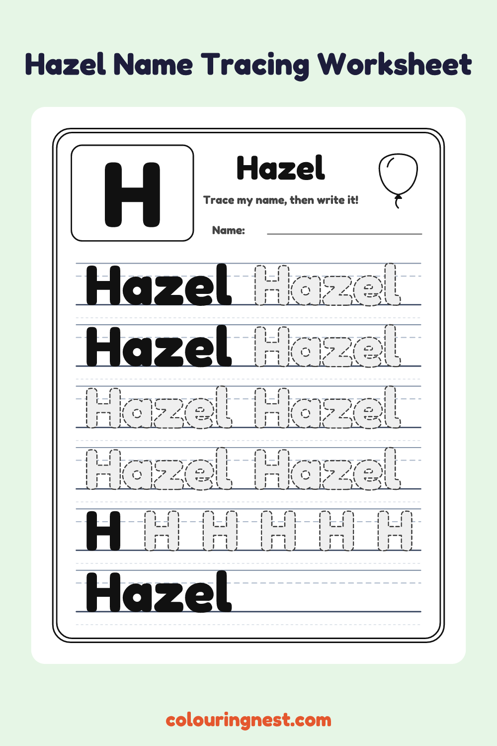 Hazel Name Tracing Worksheet: free printable black-and-white line art