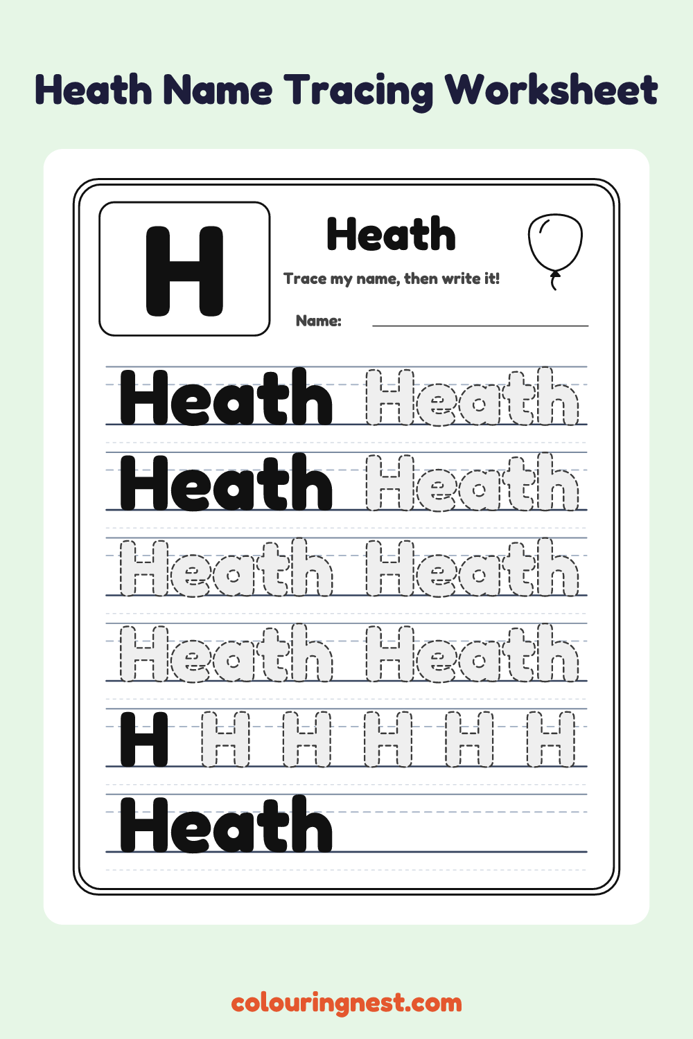 Heath Name Tracing Worksheet: free printable black-and-white line art