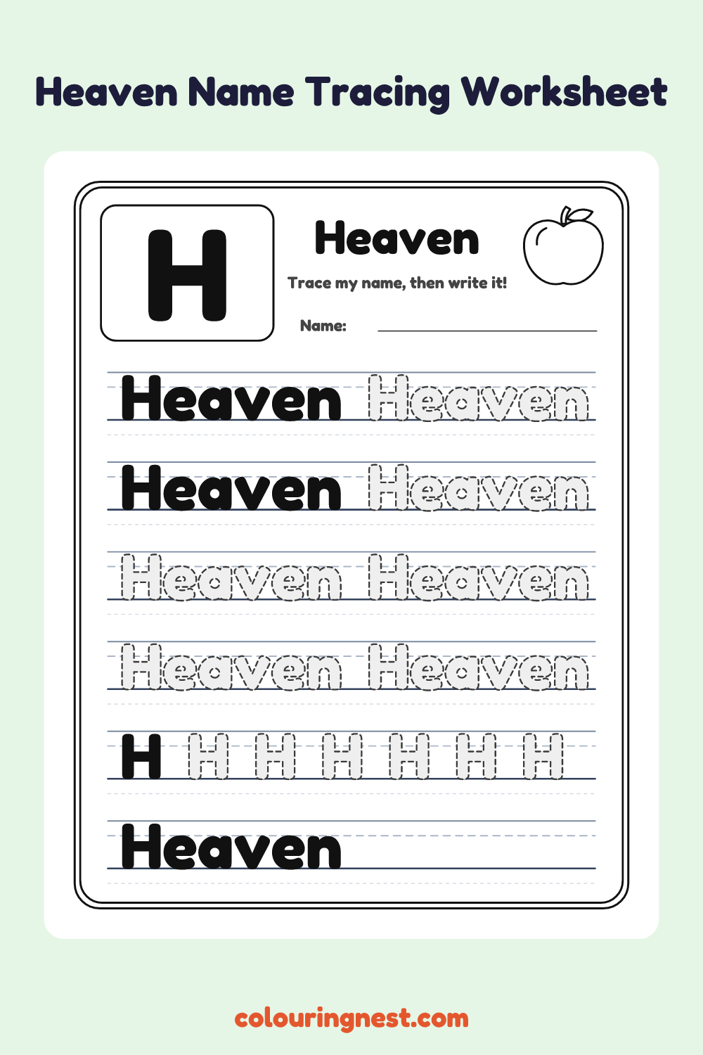 Heaven Name Tracing Worksheet: free printable black-and-white line art