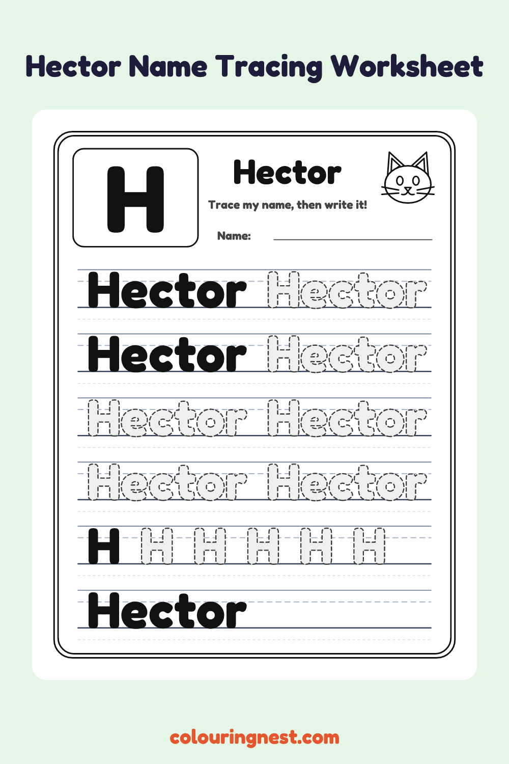 Hector Name Tracing Worksheet: free printable black-and-white line art
