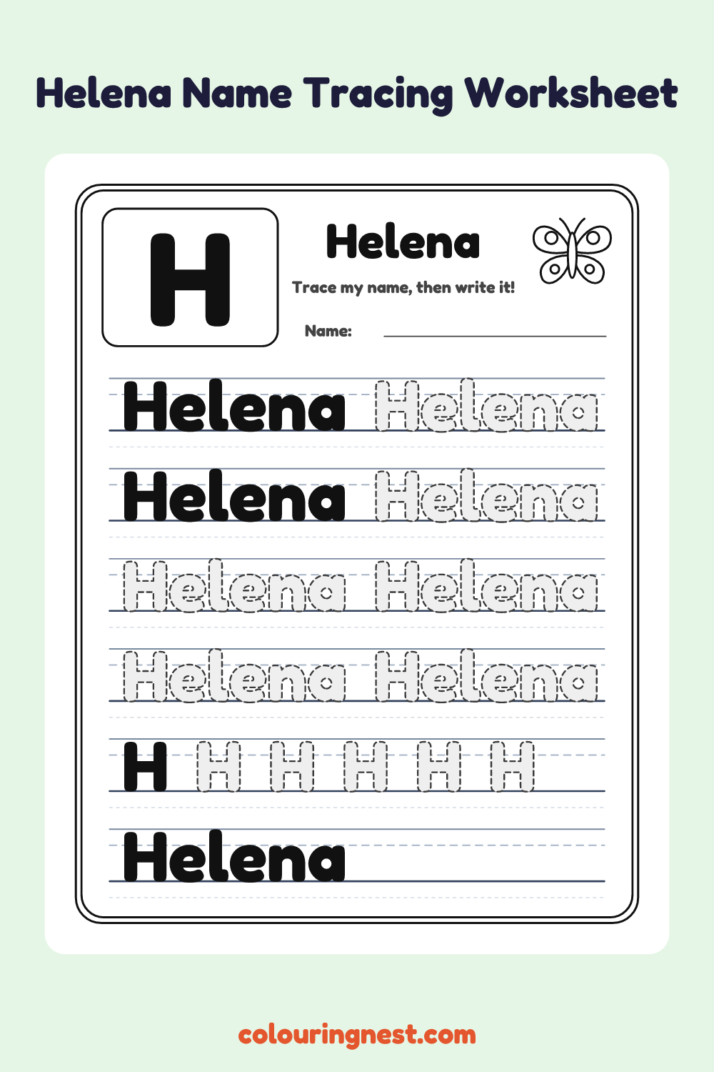 Helena Name Tracing Worksheet: free printable black-and-white line art