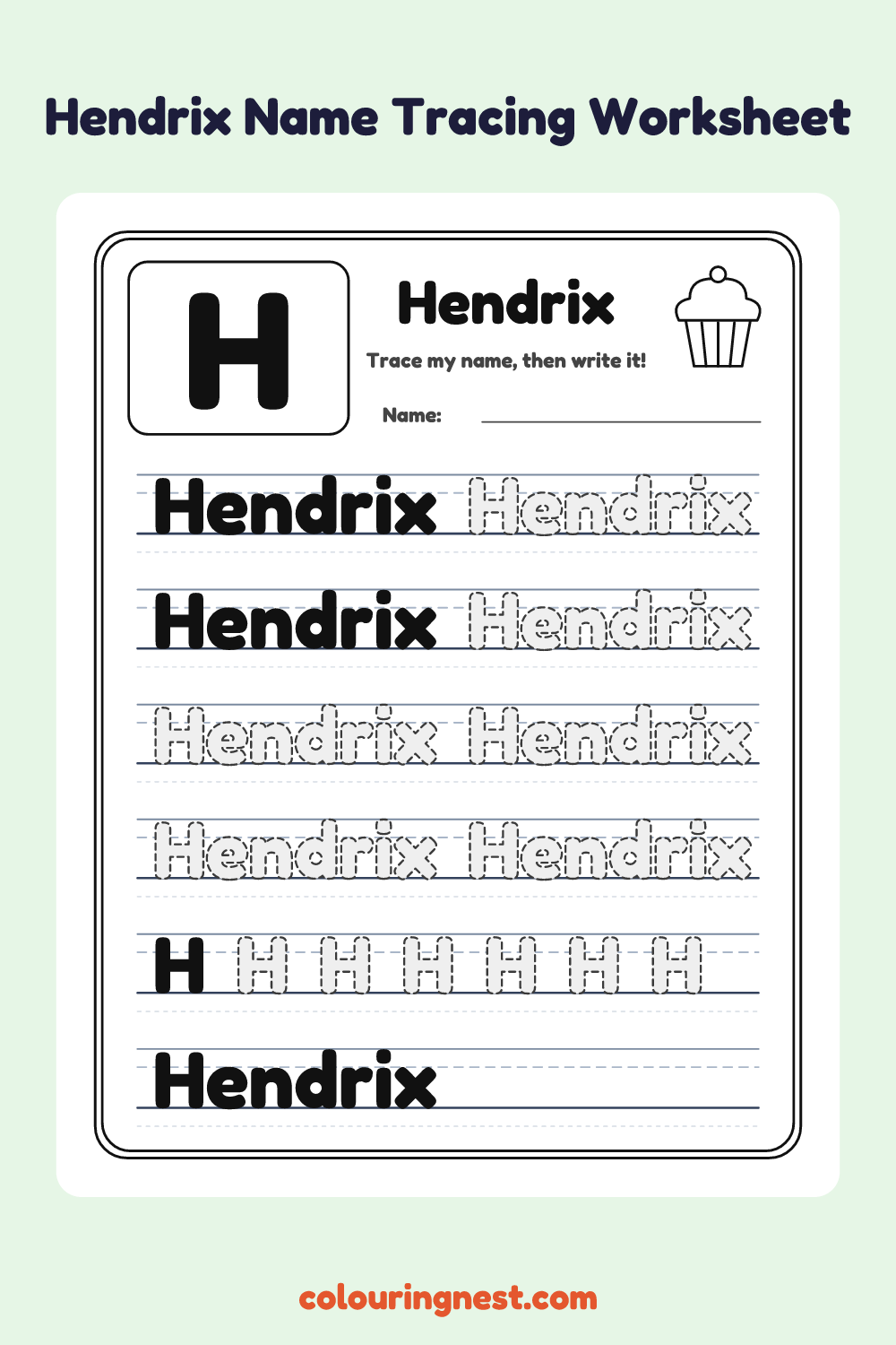 Hendrix Name Tracing Worksheet: free printable black-and-white line art