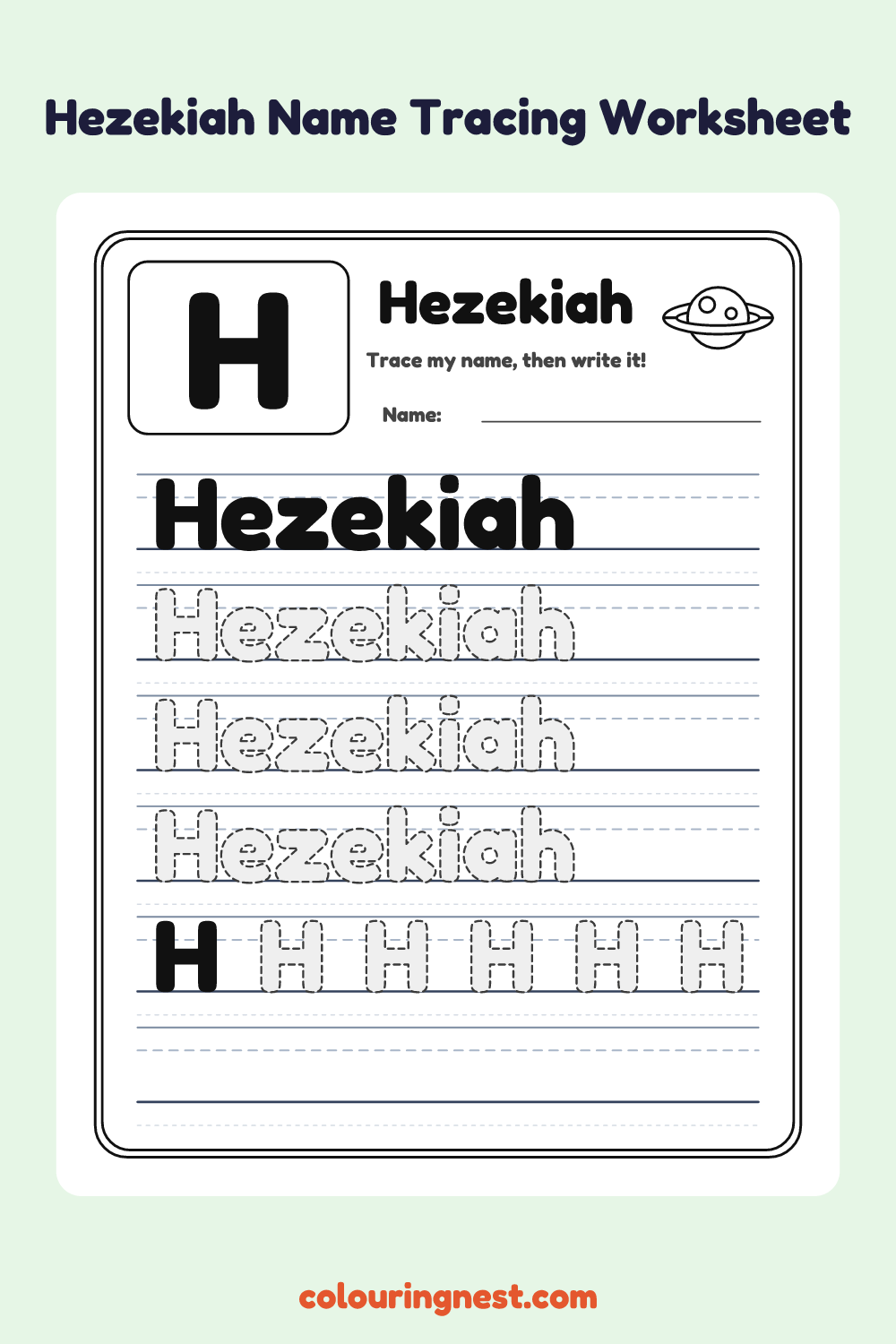 Hezekiah Name Tracing Worksheet: free printable black-and-white line art