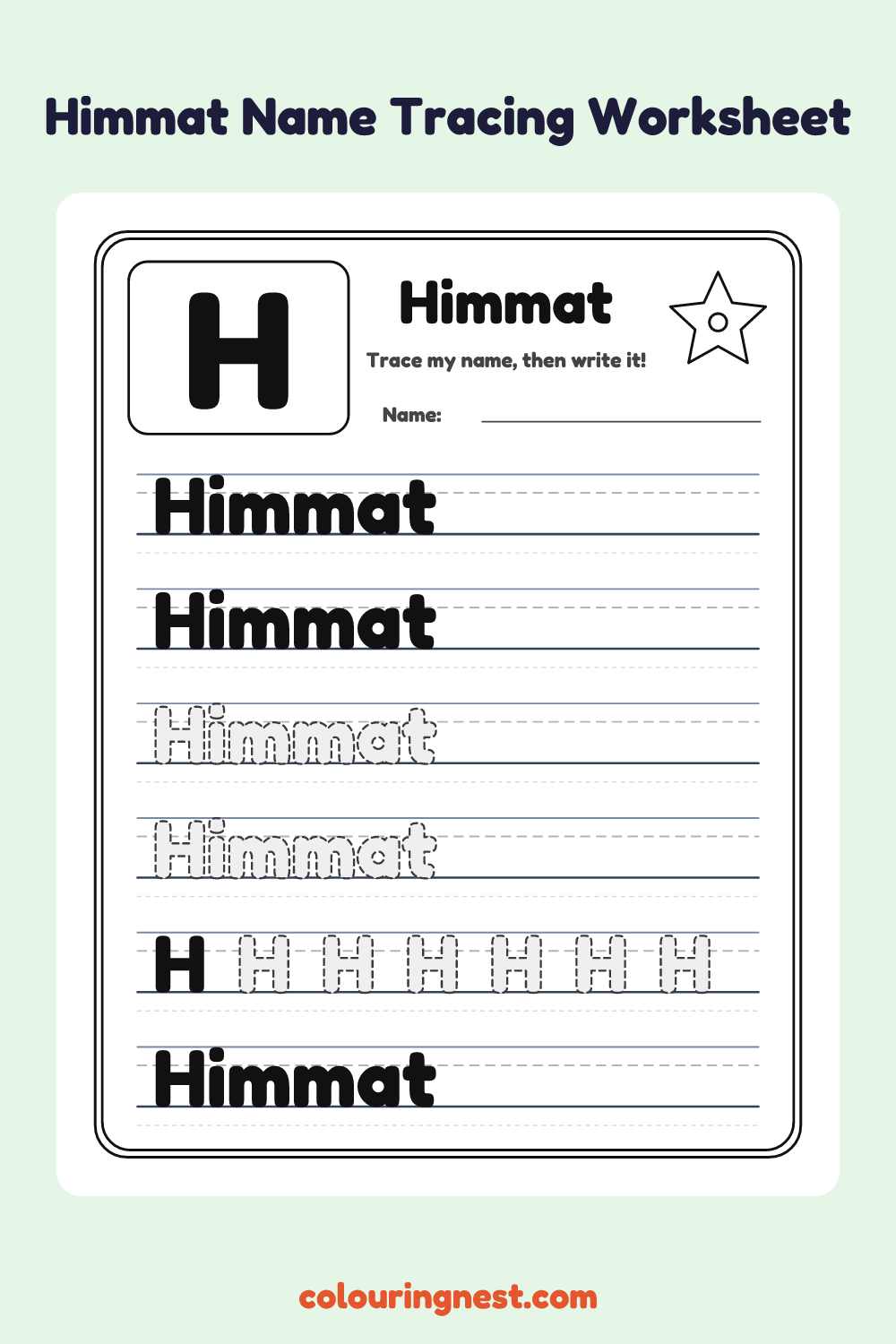 Himmat Name Tracing Worksheet: free printable black-and-white line art