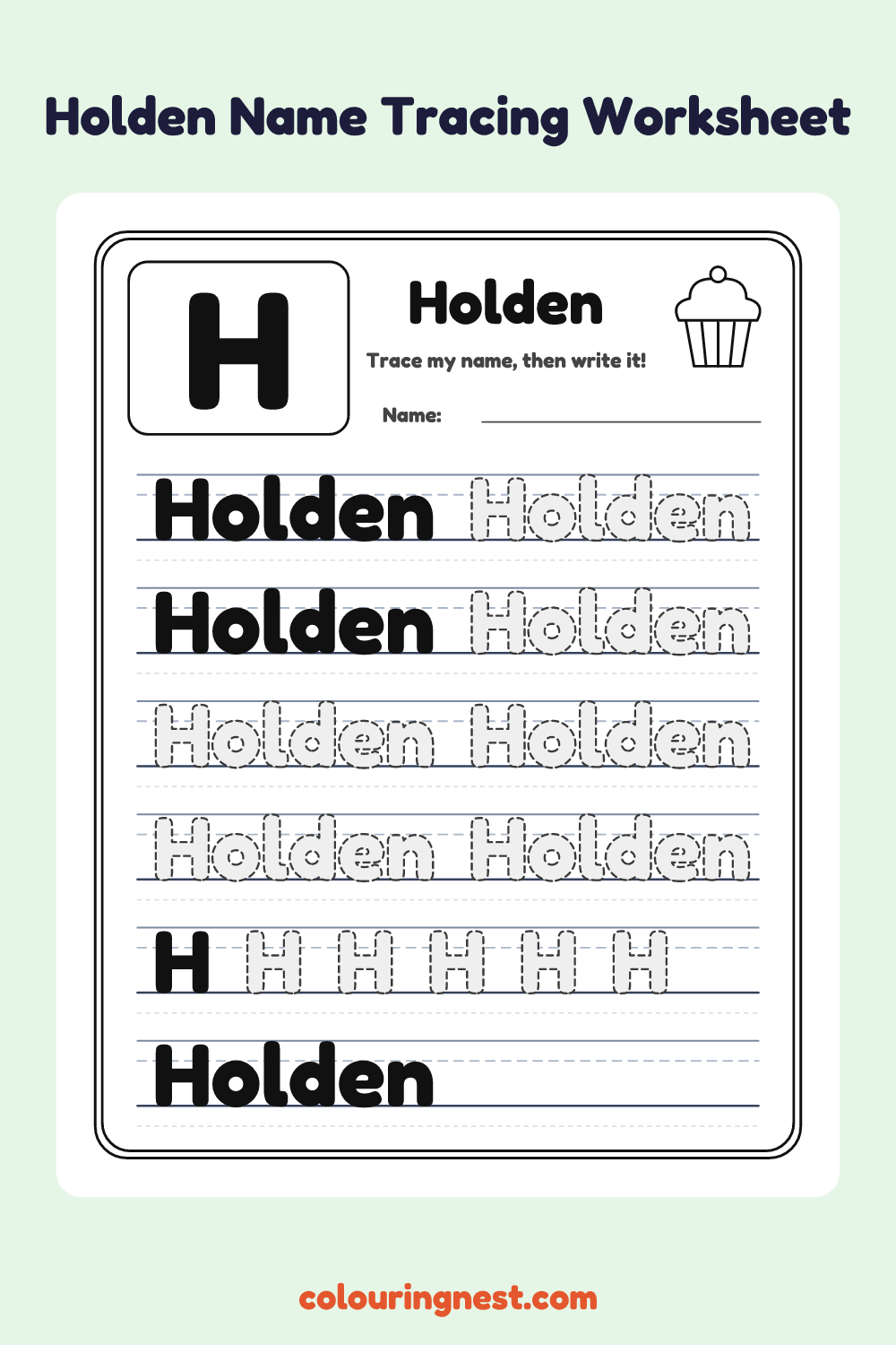 Holden Name Tracing Worksheet: free printable black-and-white line art