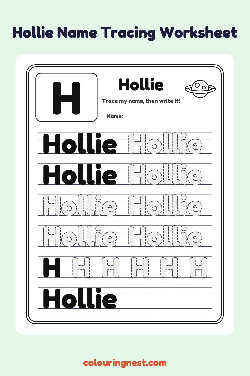 Hollie Name Tracing Worksheet: free printable black-and-white line art