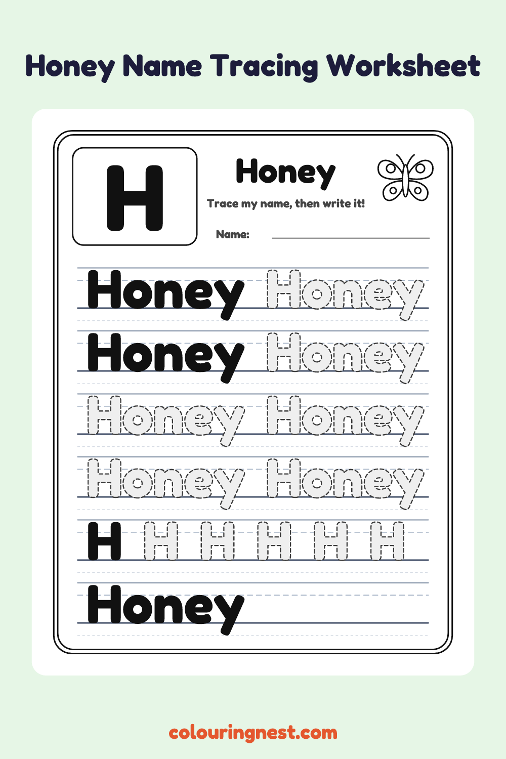 Honey Name Tracing Worksheet: free printable black-and-white line art