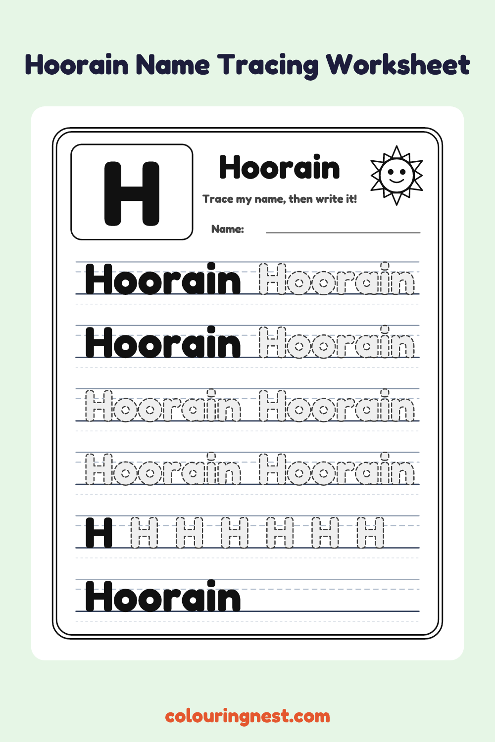 Hoorain Name Tracing Worksheet: free printable black-and-white line art