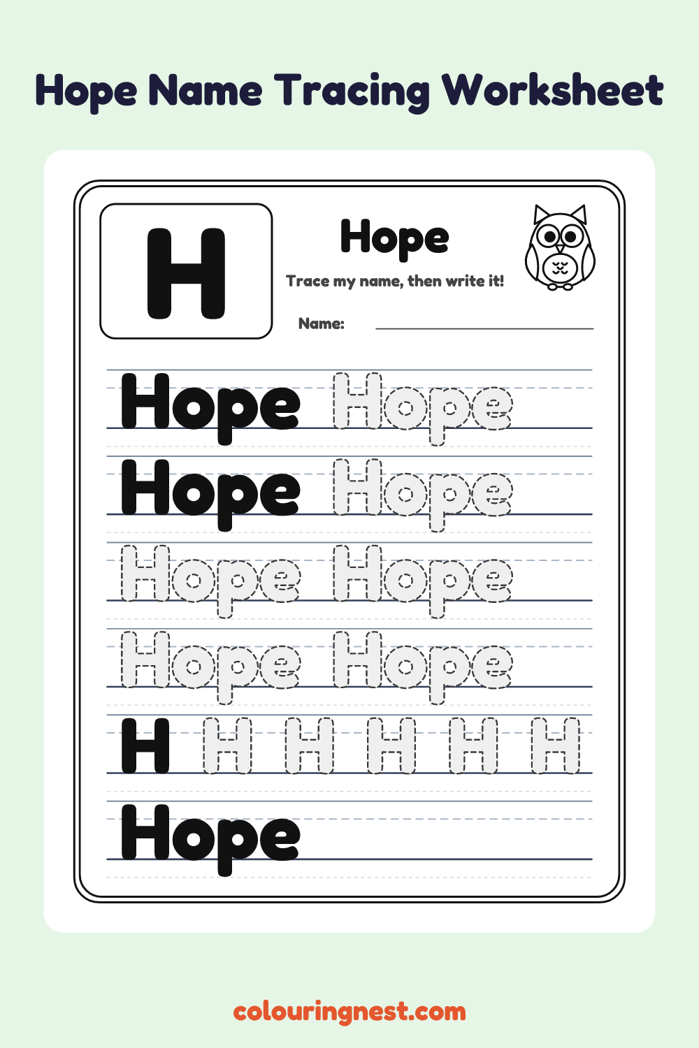 Hope Name Tracing Worksheet: free printable black-and-white line art