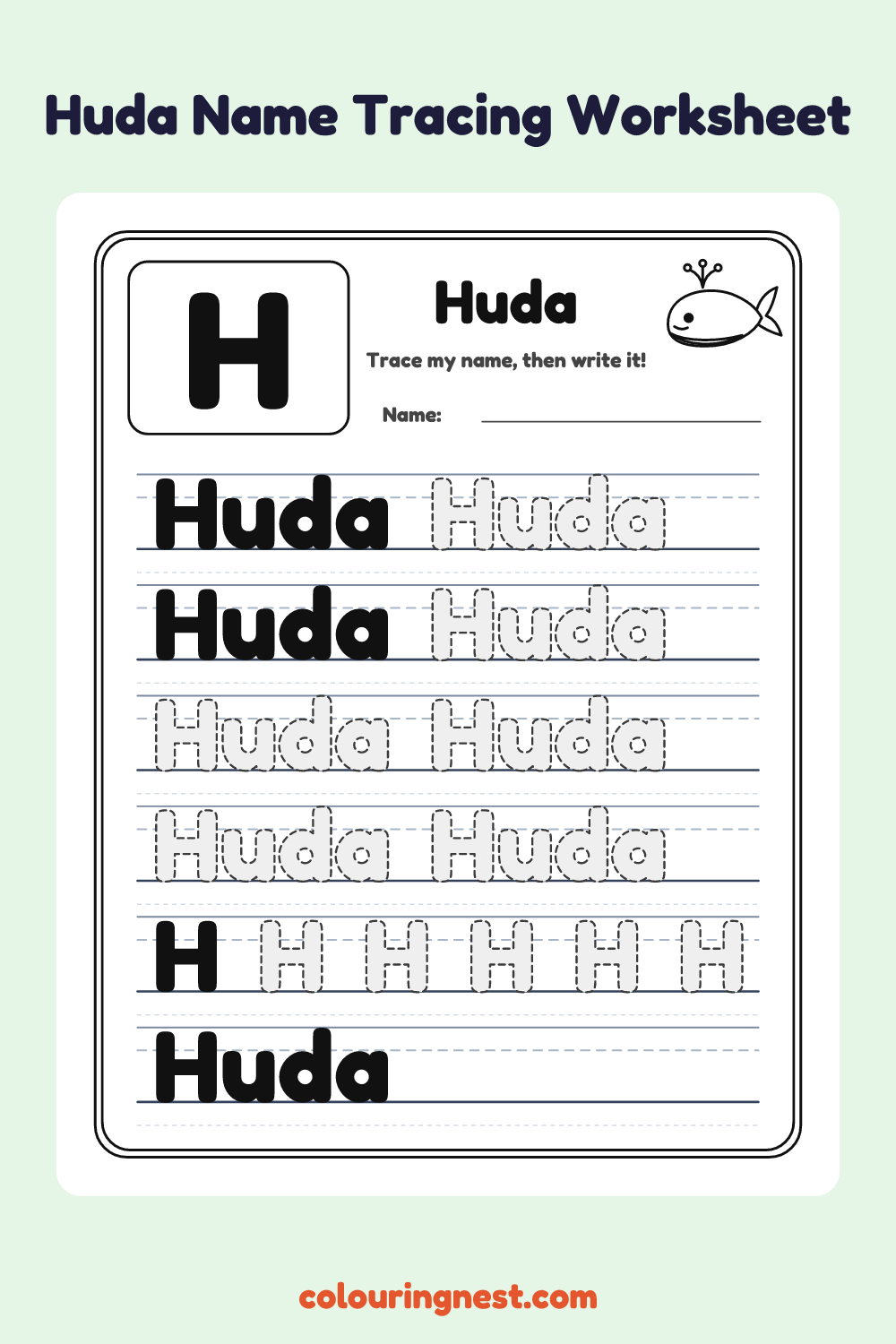 Huda Name Tracing Worksheet: free printable black-and-white line art