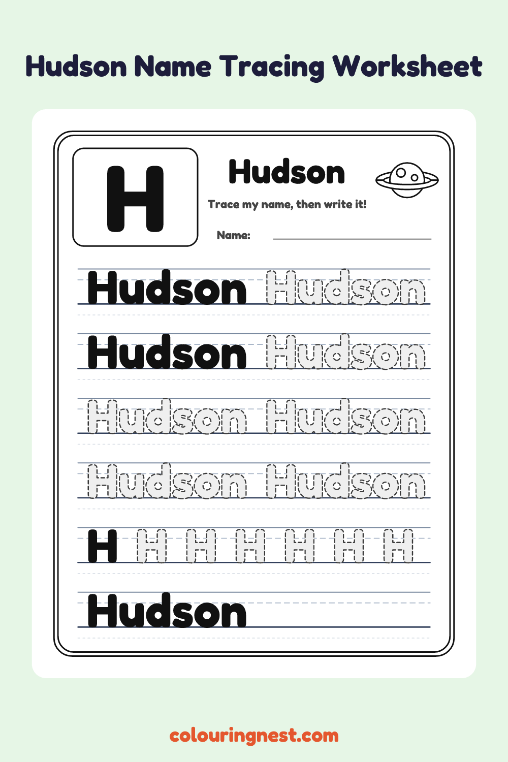 Hudson Name Tracing Worksheet: free printable black-and-white line art