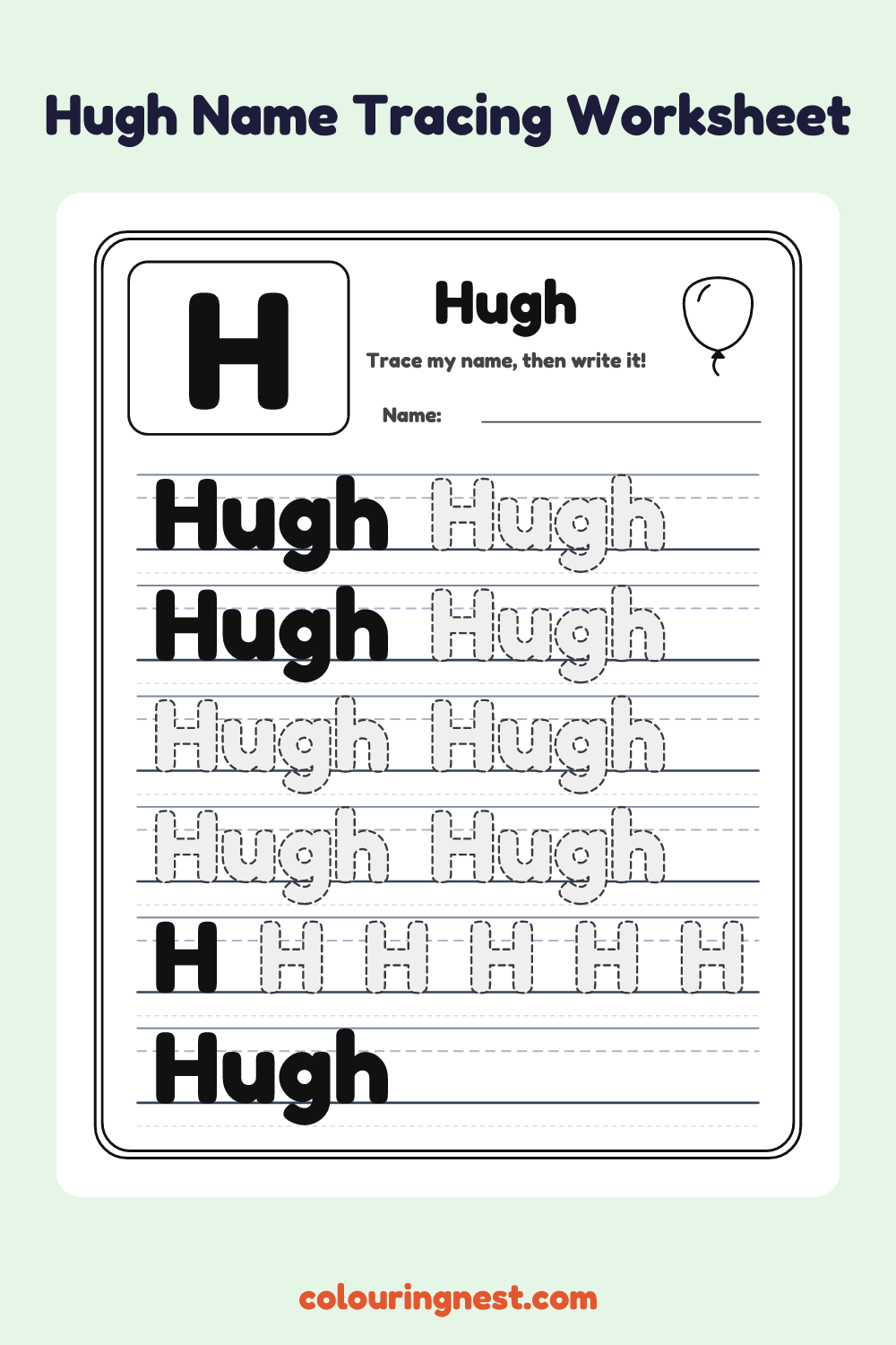 Hugh Name Tracing Worksheet: free printable black-and-white line art