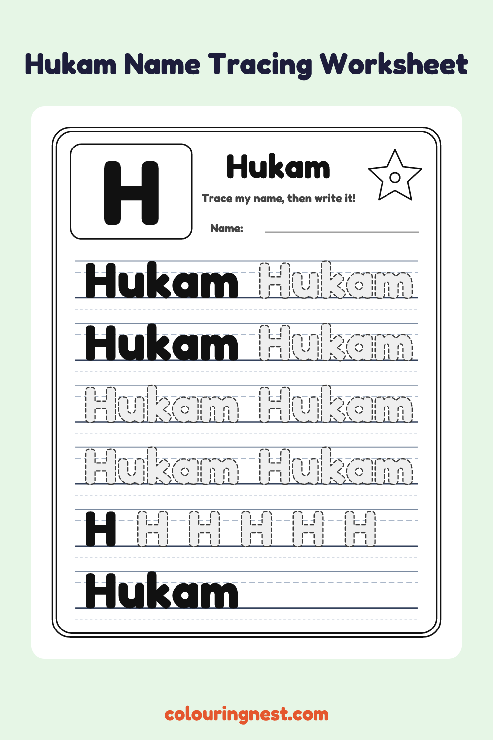 Hukam Name Tracing Worksheet: free printable black-and-white line art