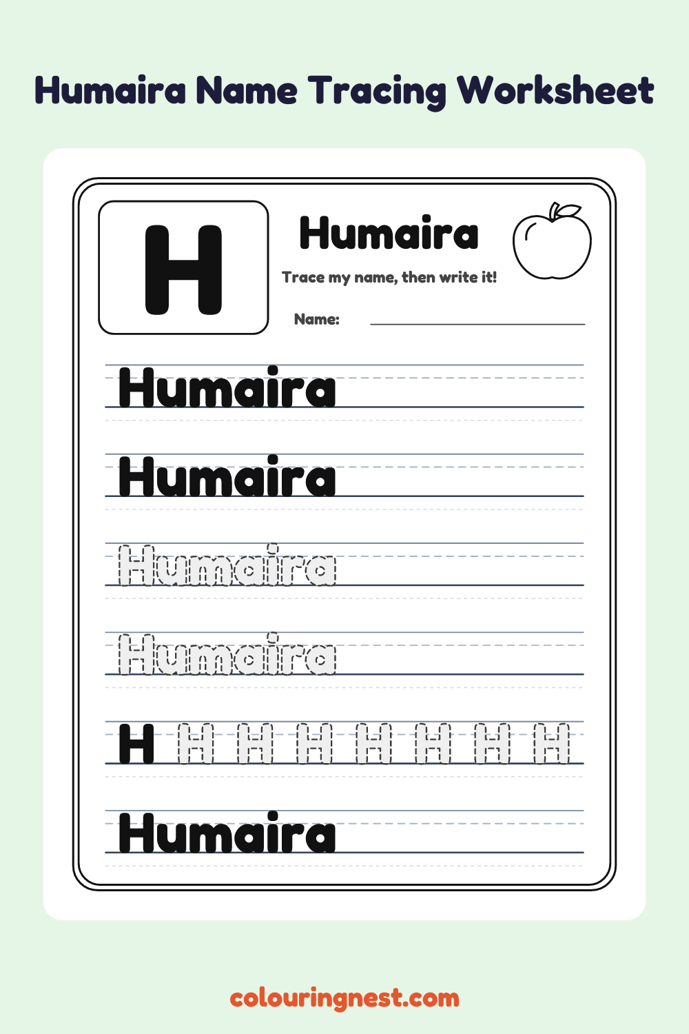 Humaira Name Tracing Worksheet: free printable black-and-white line art