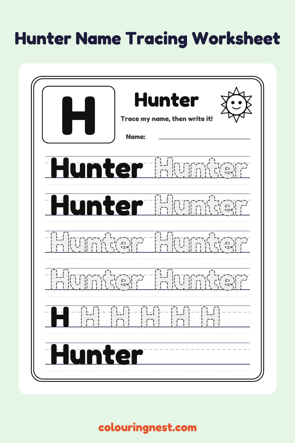 Hunter Name Tracing Worksheet: free printable black-and-white line art