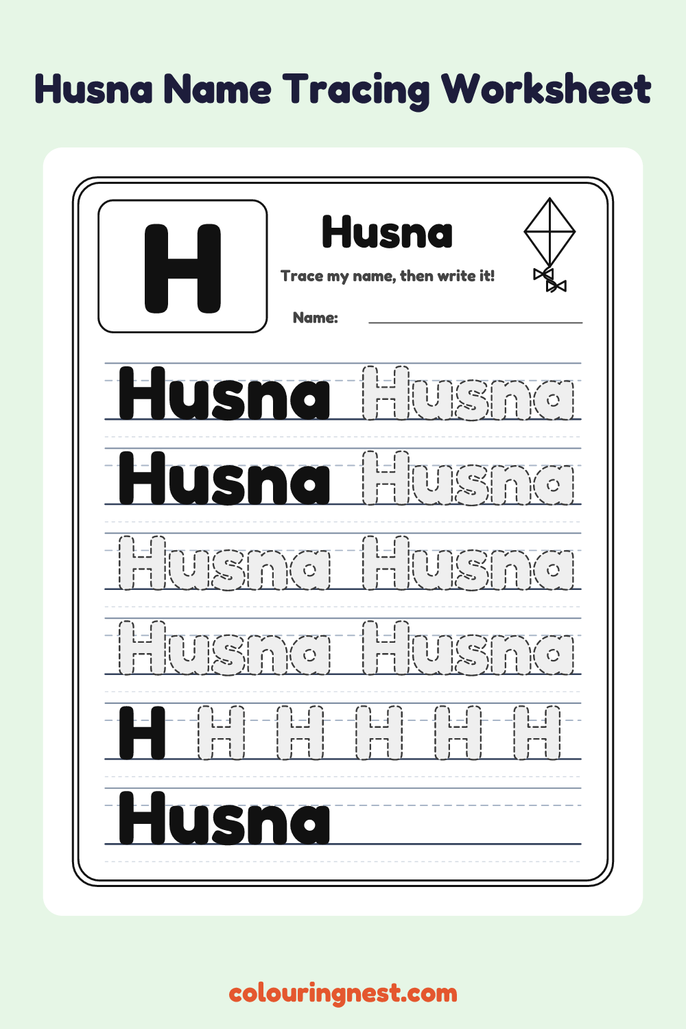 Husna Name Tracing Worksheet: free printable black-and-white line art