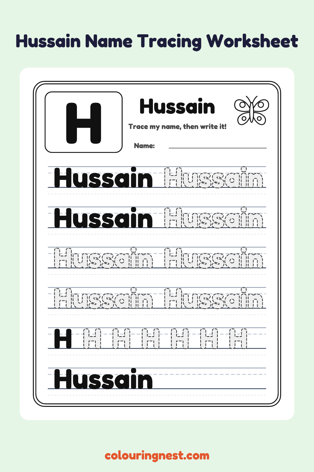 Hussain Name Tracing Worksheet: free printable black-and-white line art